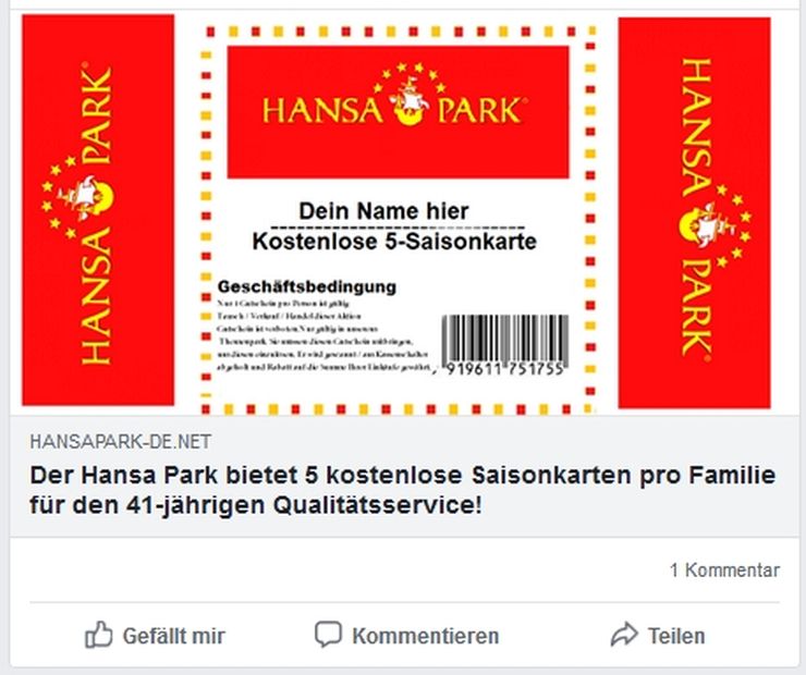 HANSA-PARK warnt vor Fake-Gewinnspiel auf Facebook